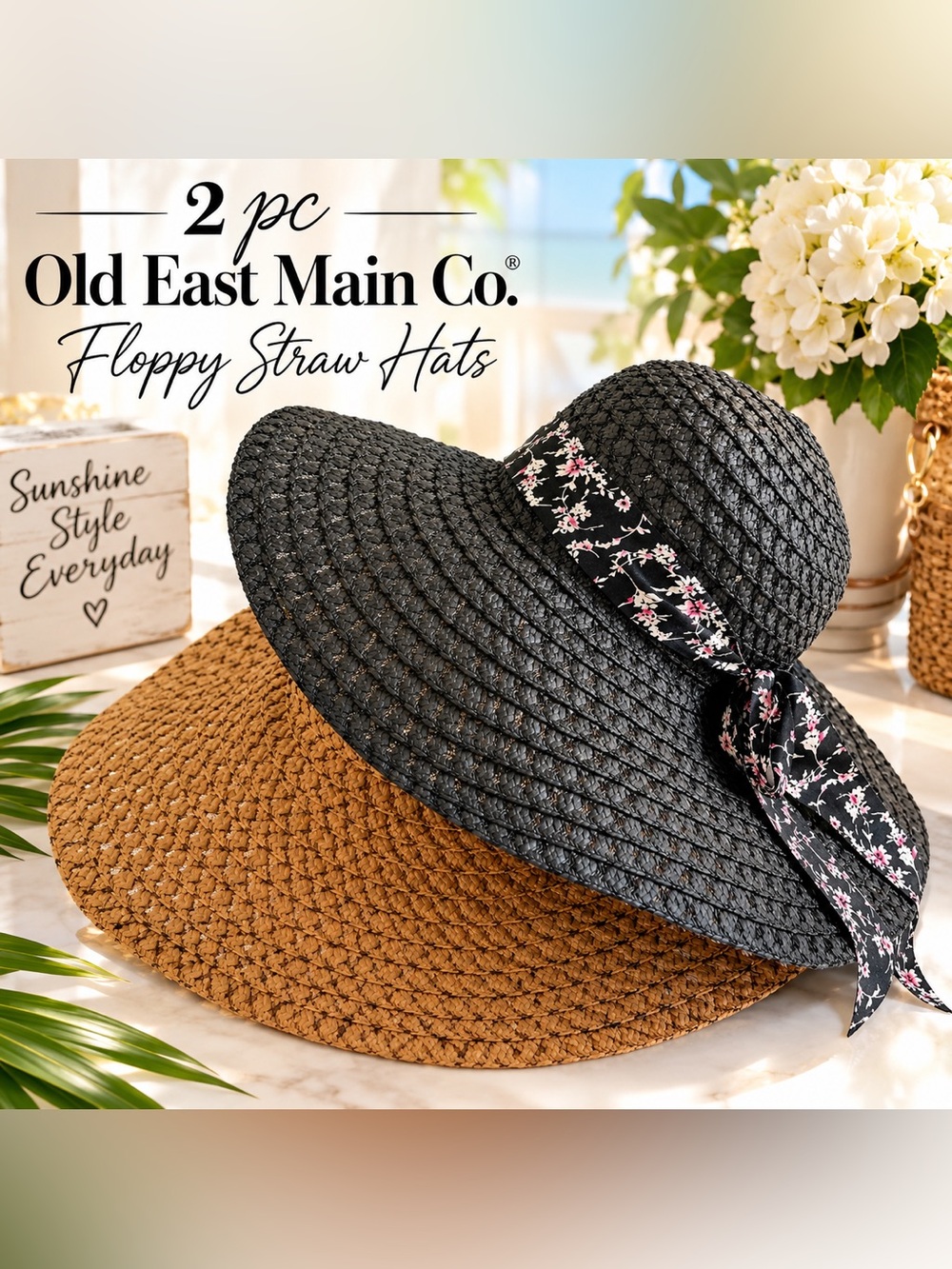2 pc. OEM Co. | Women's Packable Straw Sun Hats - Black & Brown